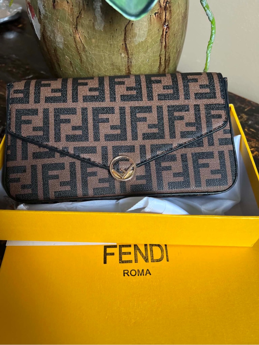 Fendi Brown and Black FF Logo Envelope Wristlet